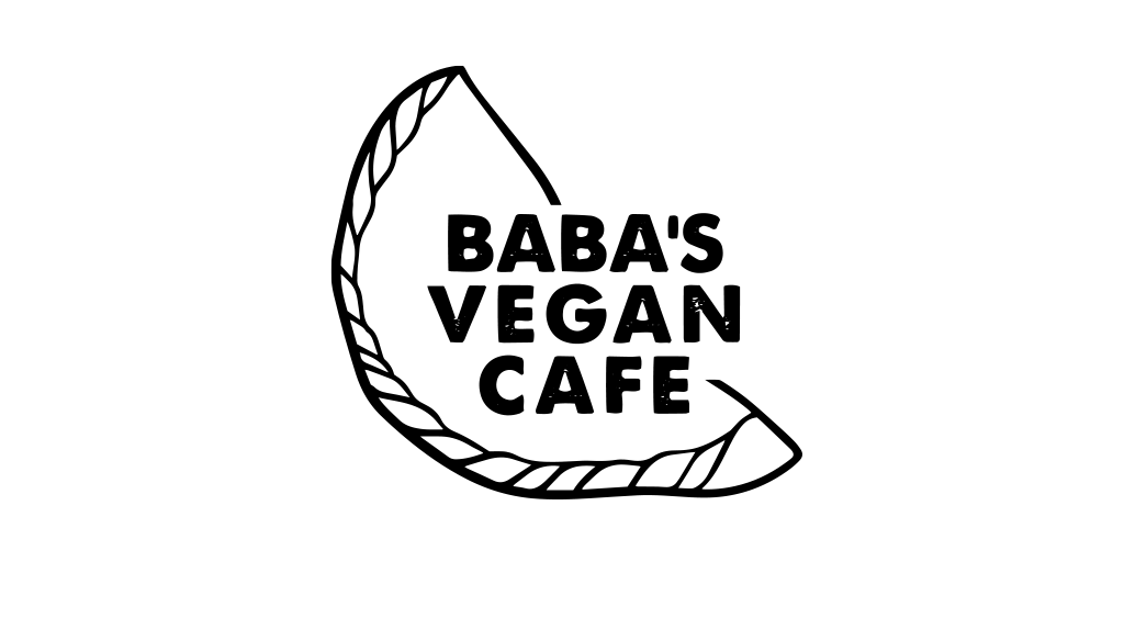 A black and white logo for baba 's vegan cafe.