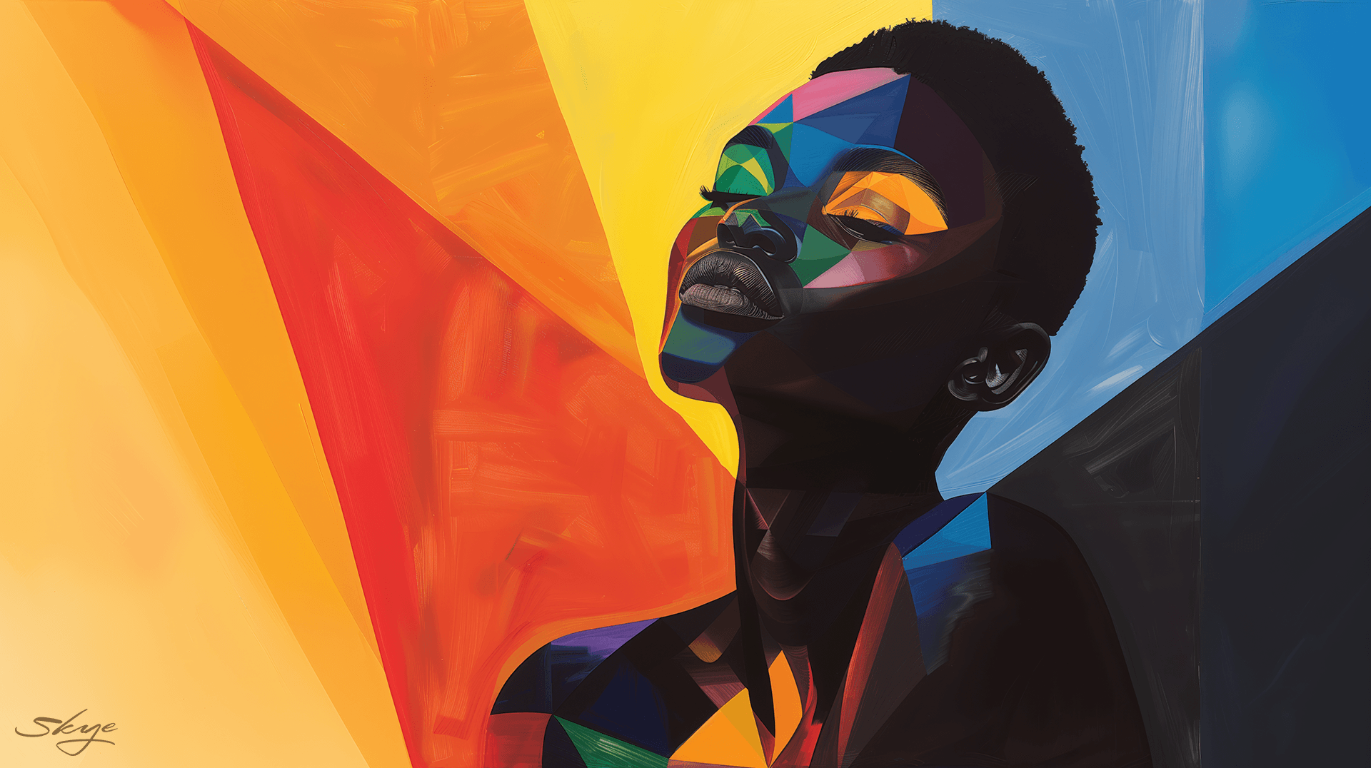 Abstract portrait of a person with geometric, multi-colored face paint against a vibrant, angular background.