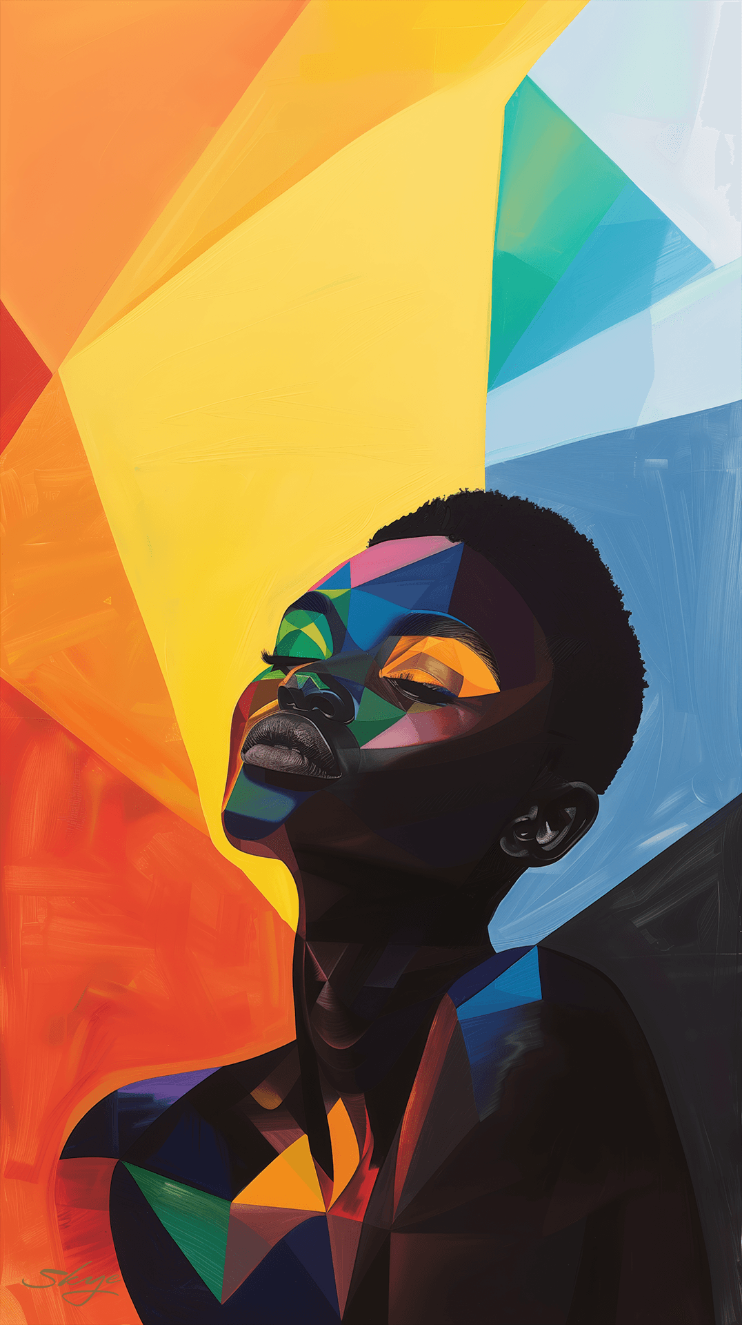 Woman with closed eyes looks up, bathed in colorful geometric shapes: red, orange, yellow, blue, green.