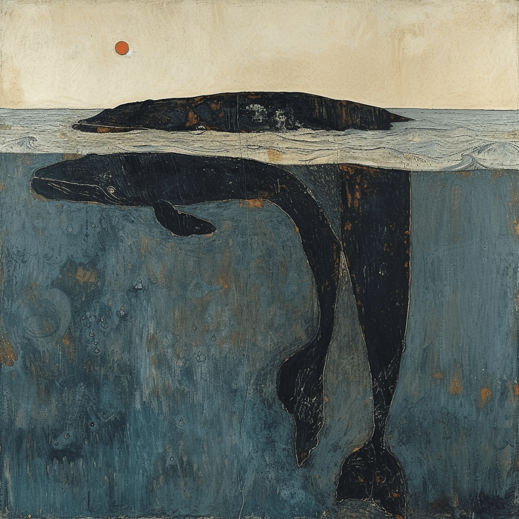 A painting of two whales swimming in the ocean