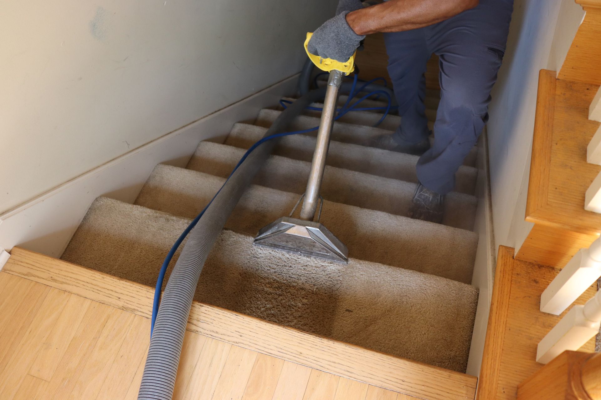 Person vacuuming carpeted stairs with a hose attachment