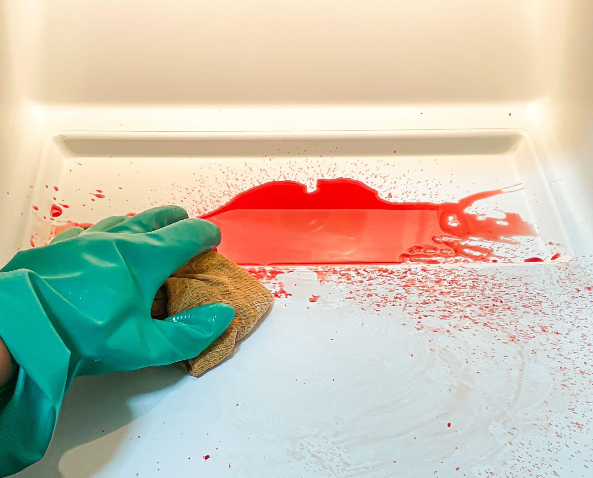 Gloved hand wiping up bright red liquid spill on a white tray