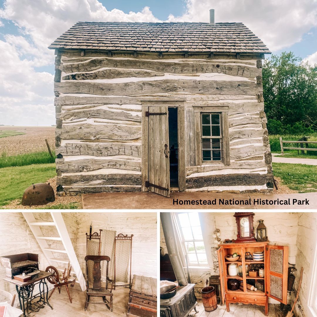 A collage of photos of a log cabin in the homestead national historical park