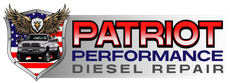 Logo for Patriot Performance Diesel Repair with eagle, American flag, and truck graphic.