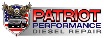 Logo for Patriot Performance Diesel Repair with eagle, American flag, and truck graphic.