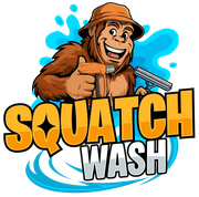 Cartoon Bigfoot washing a window with orange “SQUATCH WASH” logo and blue splash background