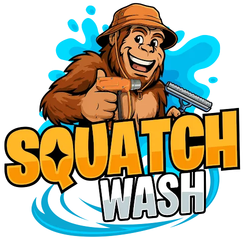 Cartoon Bigfoot washing a window with orange “SQUATCH WASH” logo and blue splash background