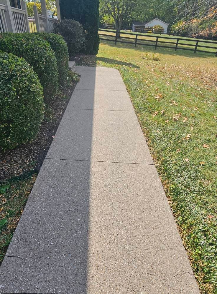 Concrete walkway beside trimmed hedges and a grassy field in sunlight.