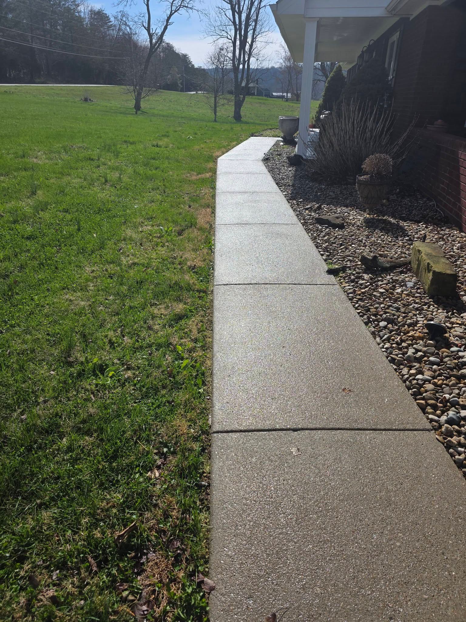 Sunlit curved concrete walkway beside a grassy yard and house wall, with trees in the distance.