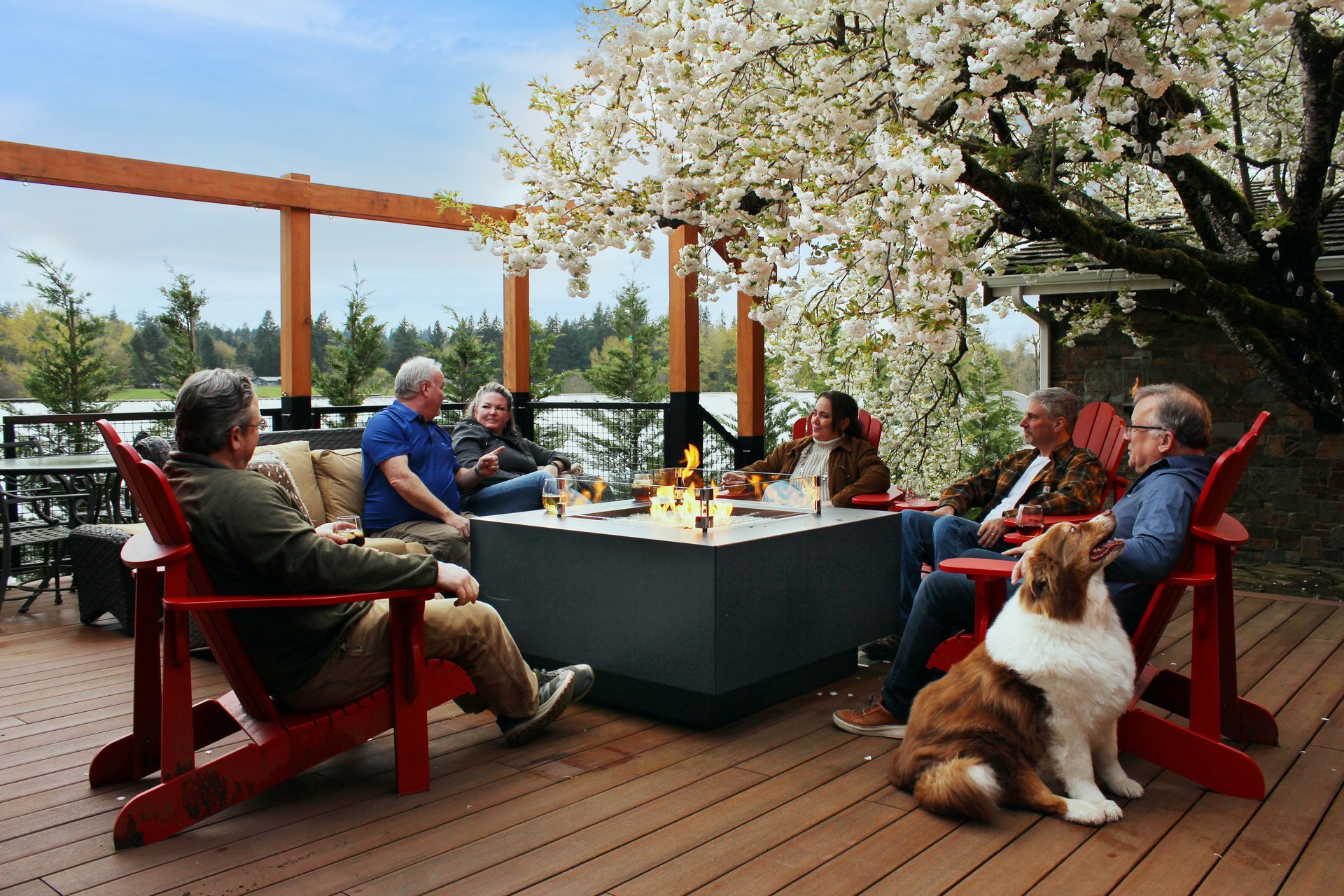 People dining on a wooden deck under blooming trees, with a dog beside them overlooking the water.
