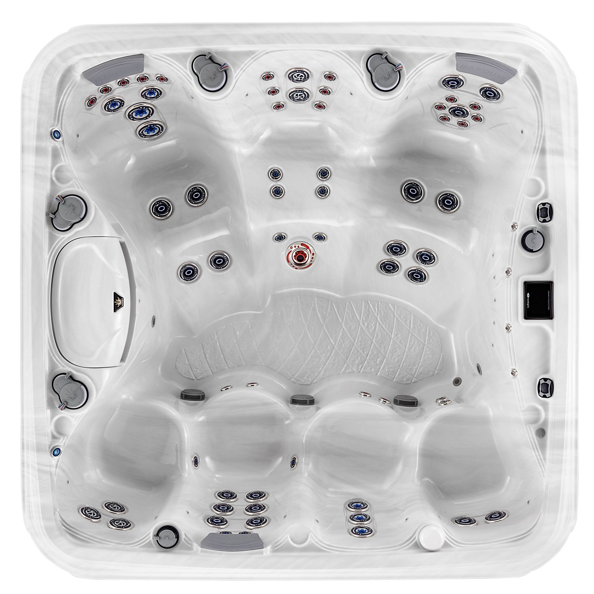 Top-down view of a white hot tub with multiple jets and built-in seats, empty and clean. Top-down view of a white hot tub with multiple jets and built-in seats, empty and clean.