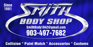 Blue Smith Body Shop logo with a black truck and text.