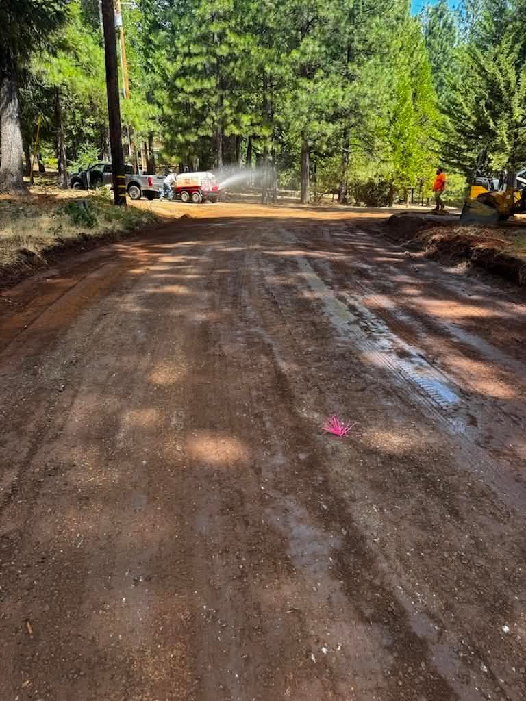 Tree-lined dirt road with wet patches and construction equipment in the distance
