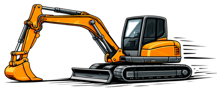Orange excavator on tracks with raised arm and bucket, isolated on white background