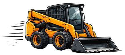 Orange skid-steer loader with bucket facing right, moving forward on a white background