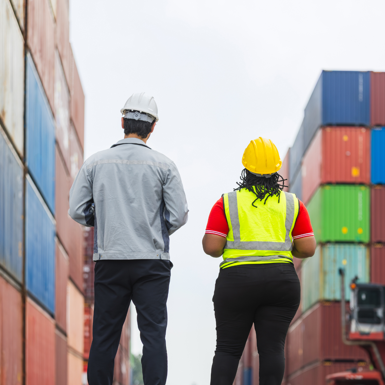 Two workers in hard hats and safety vests at a warehouse near a forklift.