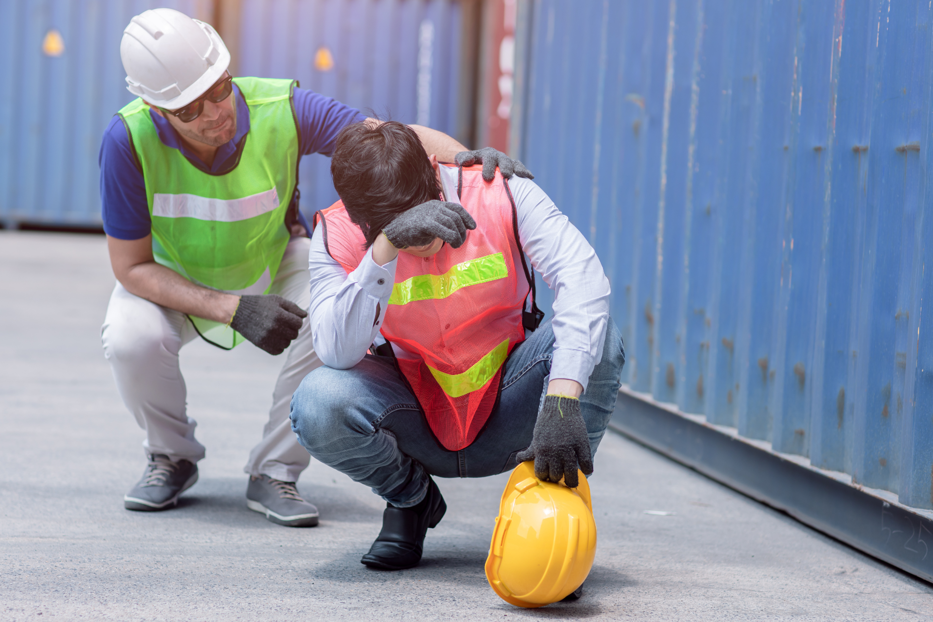 Two workers in safety vests and hard hats inspect a yellow helmet beside a blue shipping container.