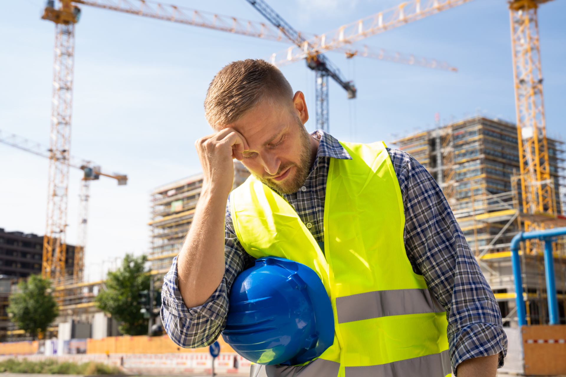 Construction worker in neon vest holding blue hard hat and wiping sweat at a building site