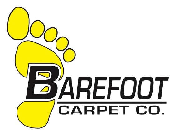 A logo for barefoot carpet co. with a yellow footprint