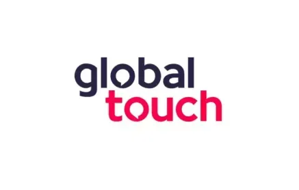O logotipo da global touch é vermelho e preto em um fundo branco.