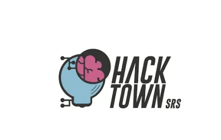 Um logotipo para hack town srs com um cérebro em uma lâmpada.