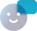 Um rosto sorridente com um balão de fala azul atrás dele.
