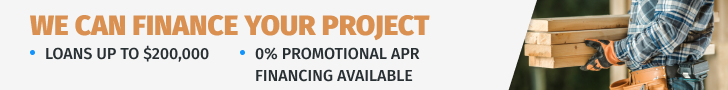 Promotional banner offering loans up to $200,000 and 0% APR financing for home projects, featuring a person carrying lumber.