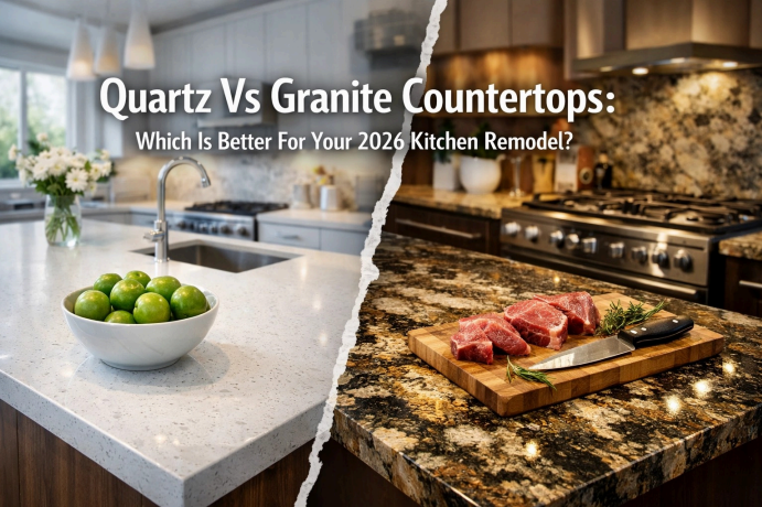 A split-screen view comparing a light-colored quartz countertop and a dark granite countertop for a kitchen remodel.