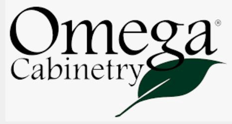 Omega Cabinetry logo with dark green leaf.