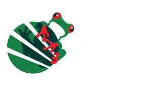 Red frog logo on a green circle with white diagonal stripes