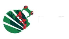 Red frog logo on a green circle with white diagonal stripes