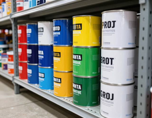En un pasillo de una tienda, se pueden ver estantes repletos de latas de pintura metálicas de colores apiladas, incluyendo rojo, azul, amarillo, verde y blanco.