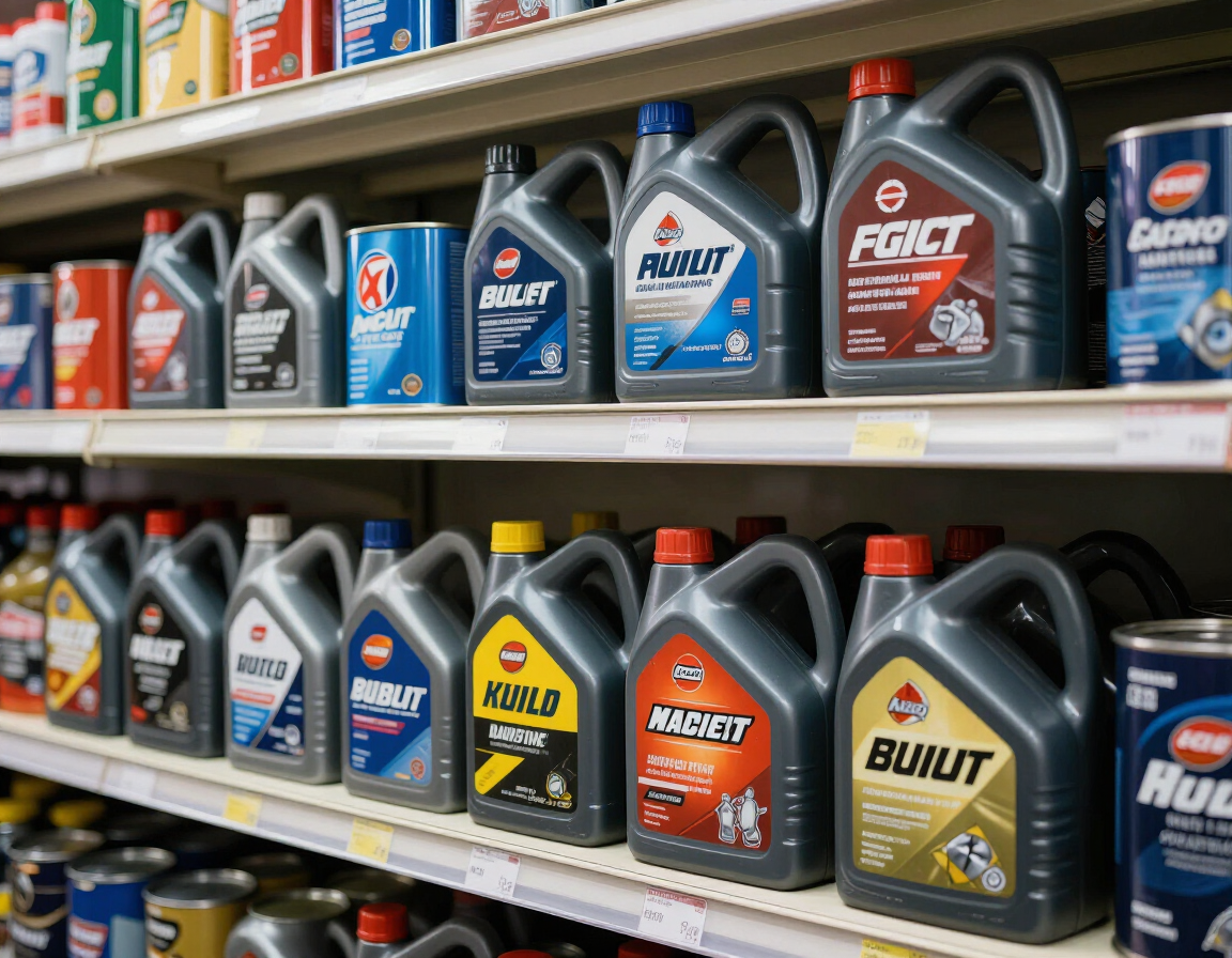 Filas de bidones de aceite de motor en los estantes de una tienda, con etiquetas de varios colores en un pasillo de repuestos para automóviles.