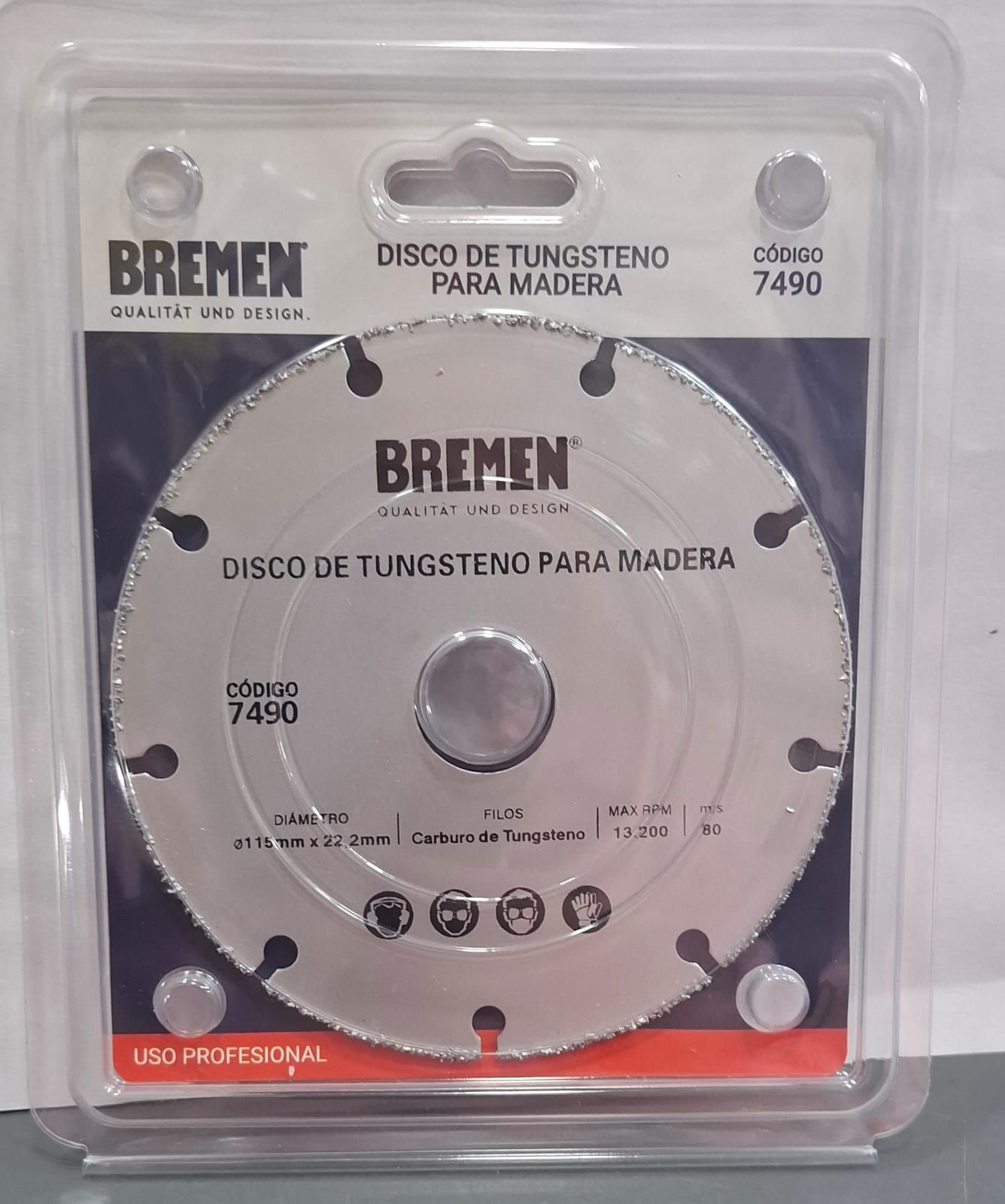 Hoja de sierra de tungsteno Bremen para madera, disco plateado en blíster de plástico transparente.