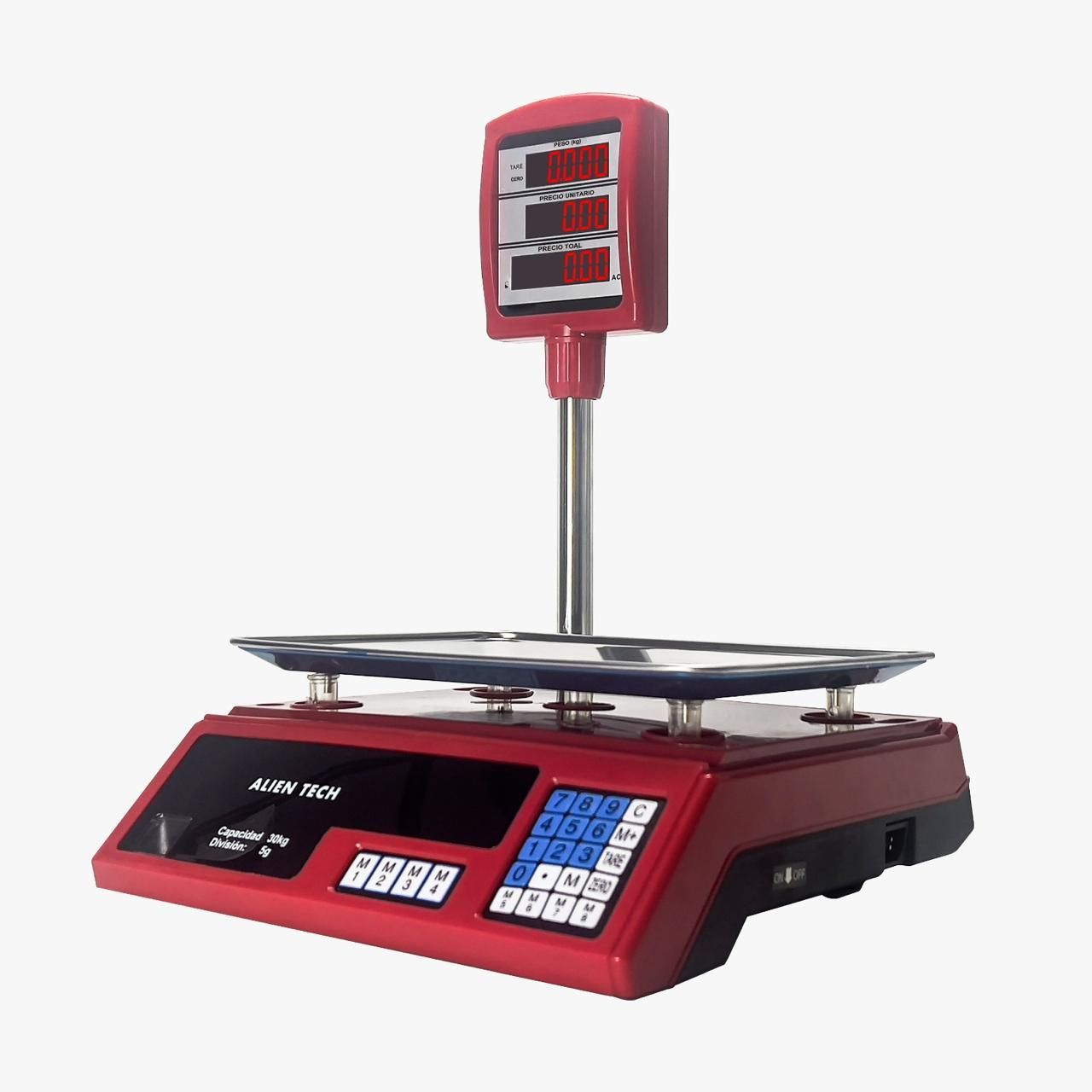 Balanza digital roja con soporte de pantalla vertical y plataforma metálica plana sobre fondo blanco.