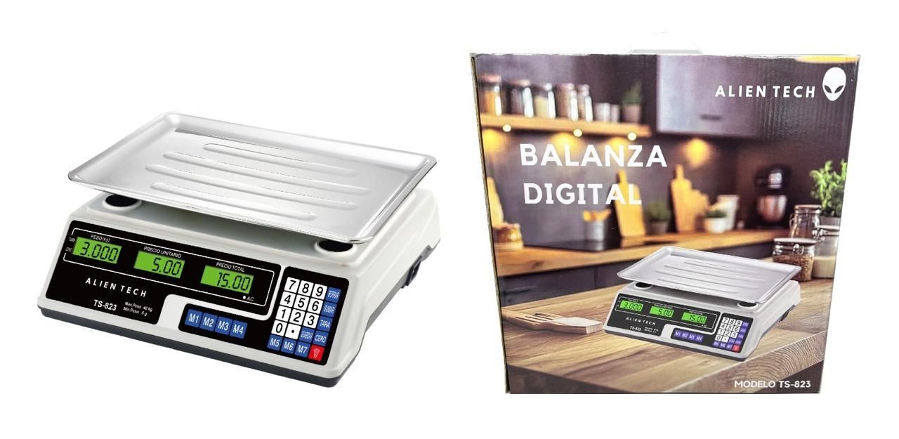 Balanza de cocina digital con plataforma de acero inoxidable y pantalla retroiluminada, junto a su caja de producto.