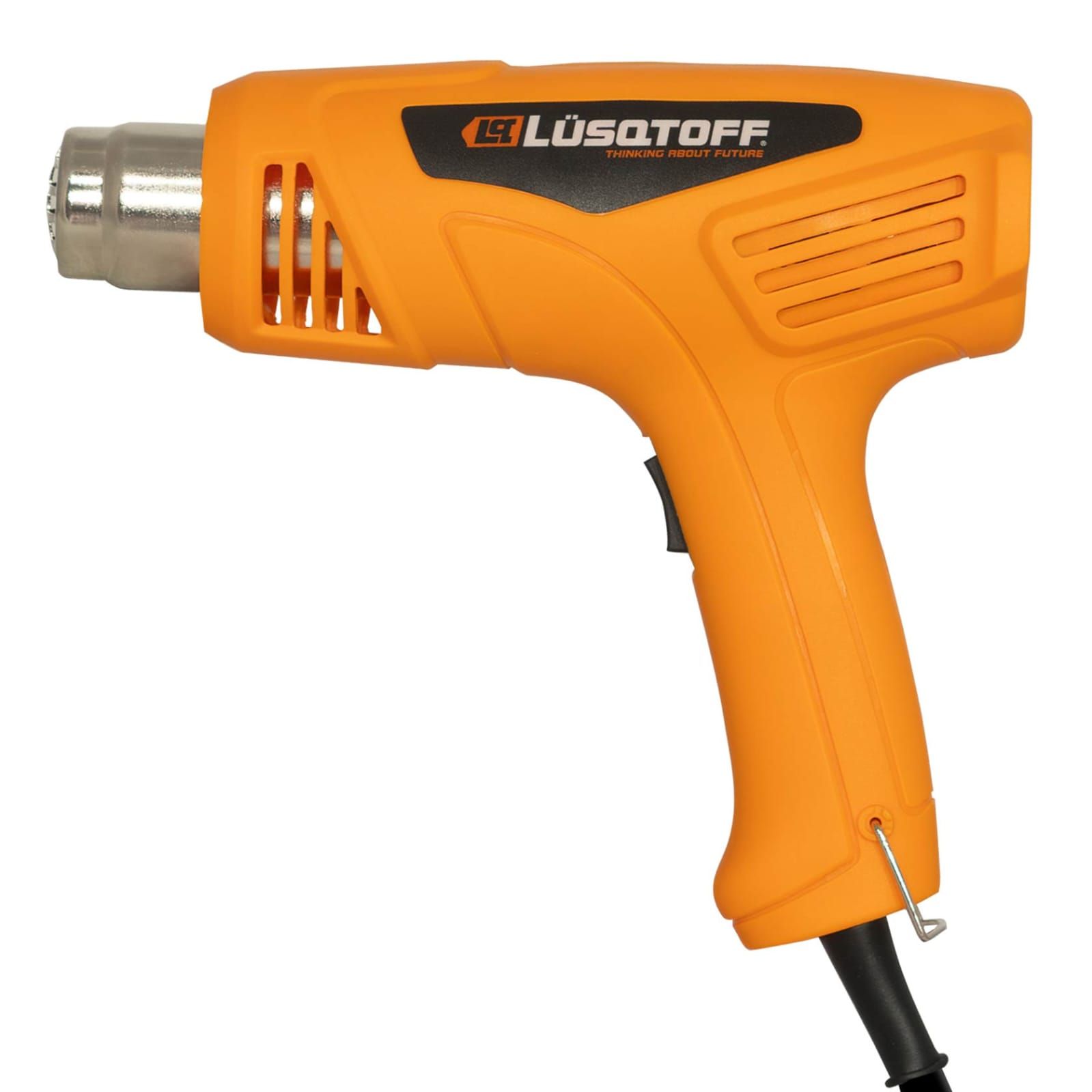 Pistola de aire caliente naranja con boquilla y cable negros.