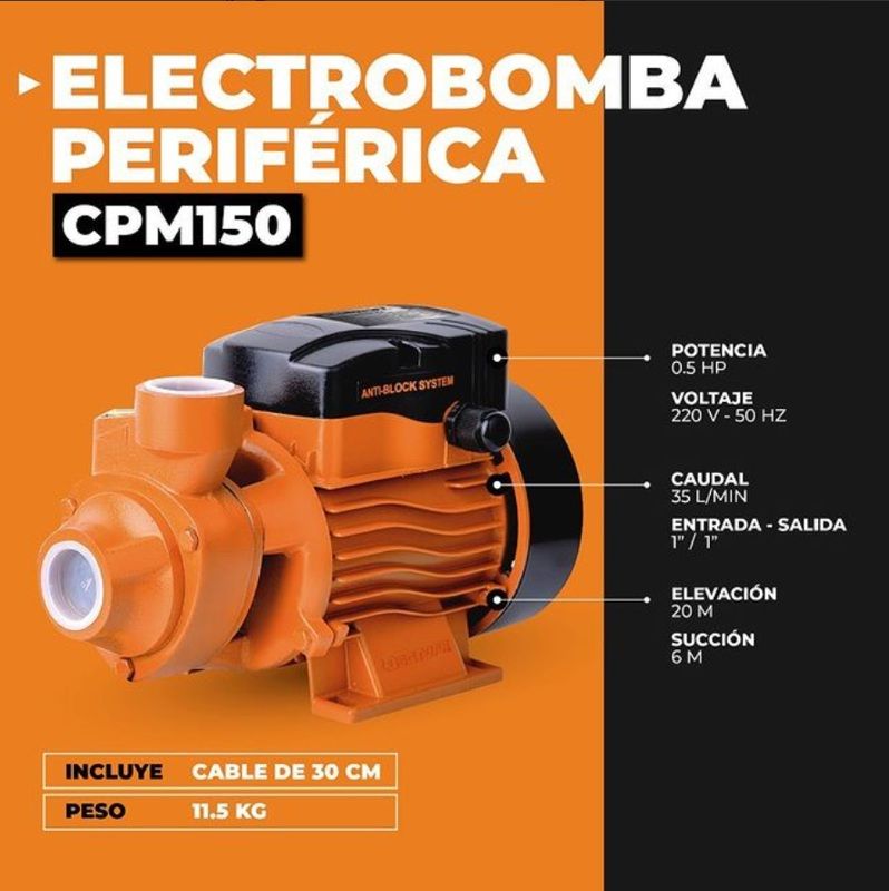 Bomba periférica naranja y negra CPM150 con especificaciones técnicas en español sobre fondo naranja y negro