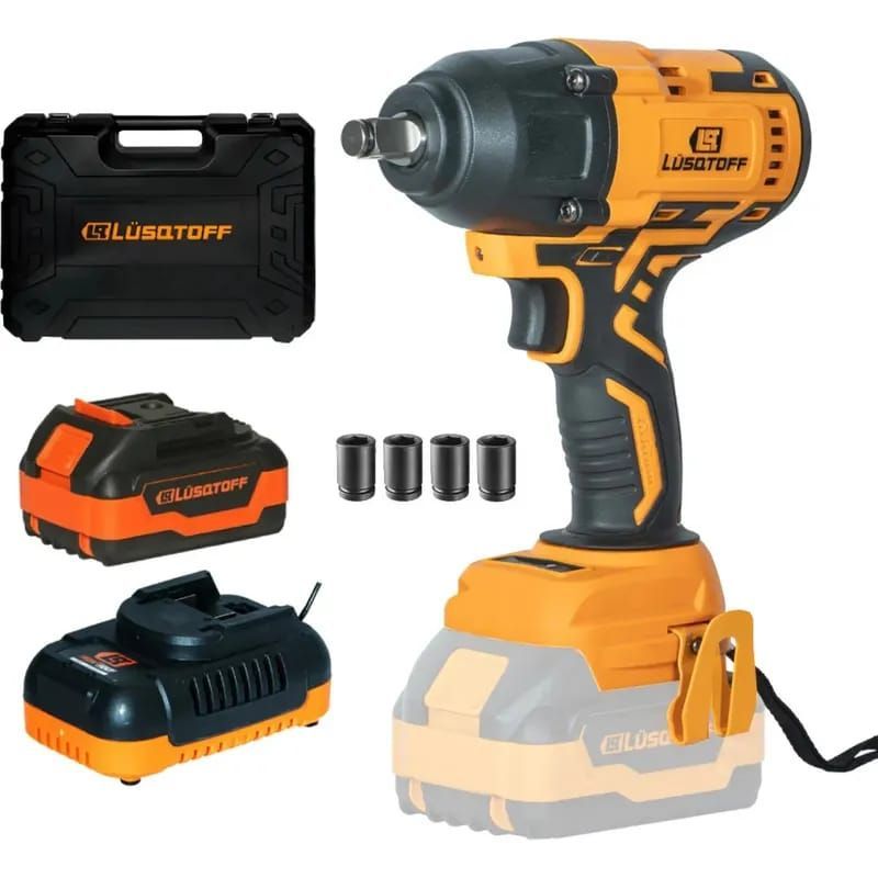 Kit de llave de impacto inalámbrica naranja con batería, cargador, estuche y vasos sobre un fondo blanco.