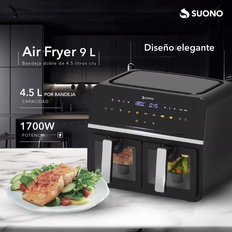 Freidora de aire negra de 9 litros con pantalla digital y plato de comida sobre encimera, anuncio de producto en español