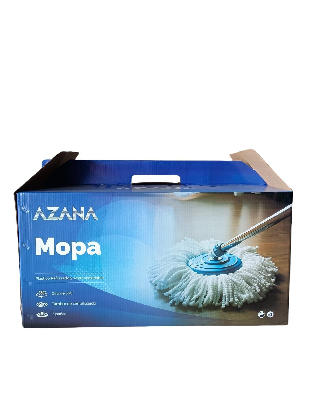 Caja azul de la herramienta de limpieza para fregonas Azana, con un cabezal de fregona blanco impreso en la parte frontal.