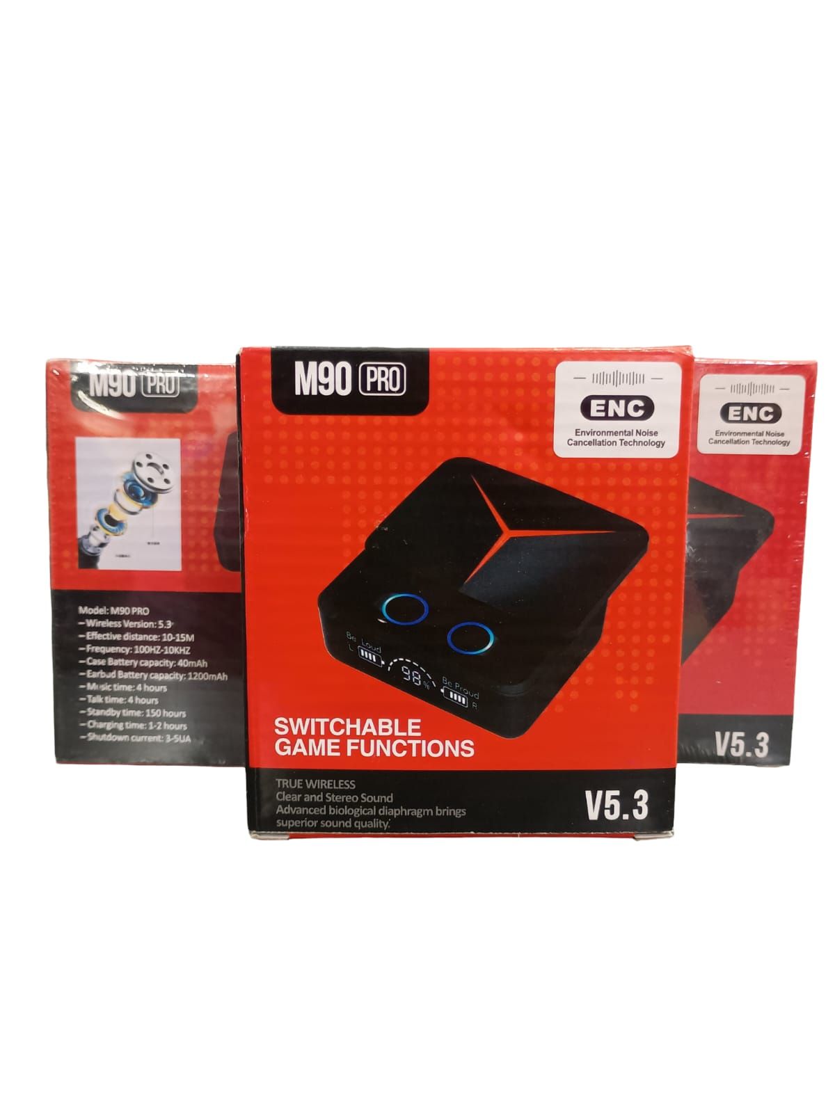Paquete del ratón para juegos M90 Pro, caja roja y negra con texto