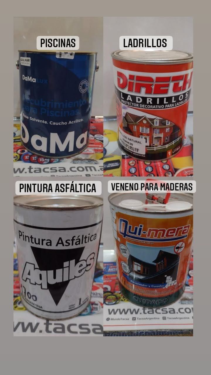 Latas de pintura y materiales de construcción surtidas, dispuestas en una cuadrícula de 2x2 y etiquetadas para pisos, ladrillos, asfalto y pintura de paredes.