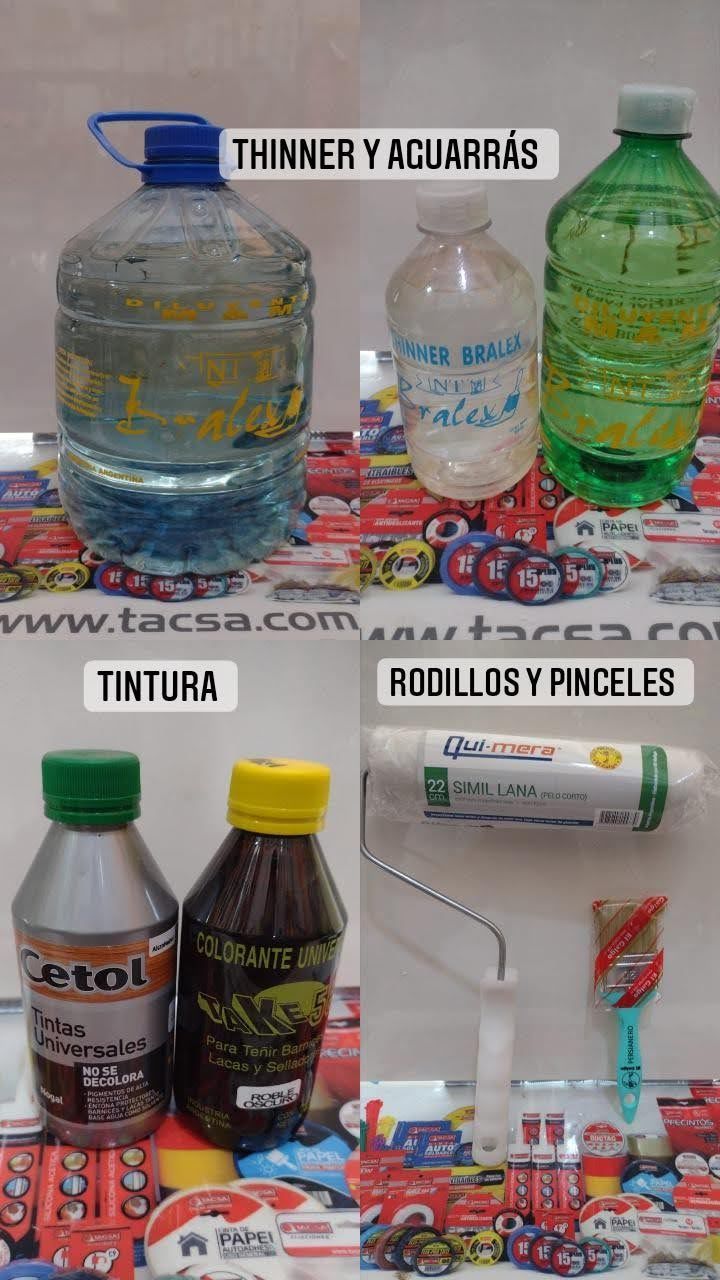 Productos y herramientas peligrosos expuestos con etiquetas: disolvente, pintura, varillas y cepillos, además de un cable y un gancho.