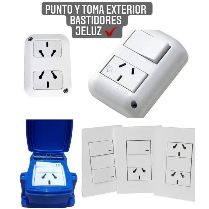 Tapas exteriores impermeables para enchufes e interruptores, etiquetadas como “Punto y toma exterior Bastidores Jeluz”, que se muestran en blanco y azul.