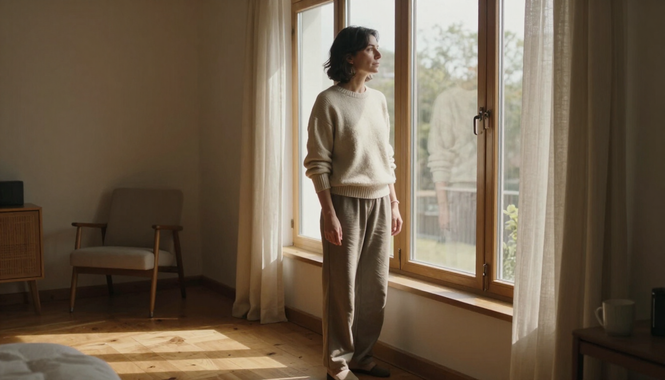 Persona adulta reflexionando junto a una ventana en un ambiente sereno