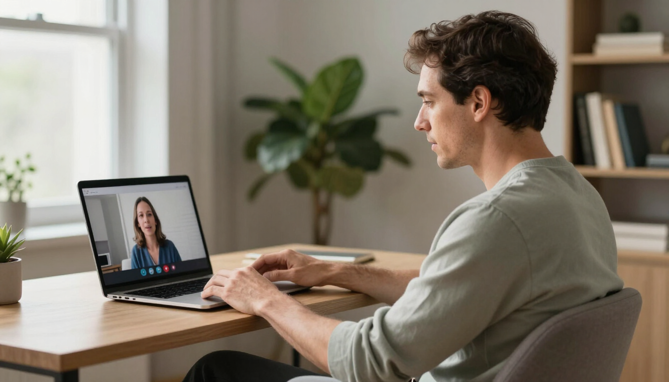 Sesión de psicoterapia virtual desde un espacio tranquilo y privado