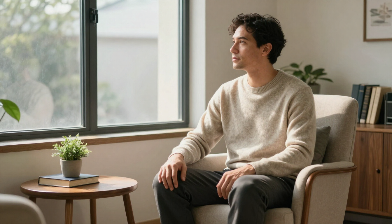 Persona adulta reflexionando en un espacio de terapia psicológica