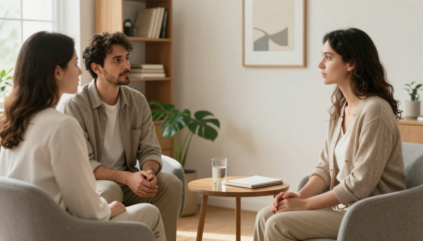 Sesión de conversación terapéutica en un consultorio cálido y tranquilo