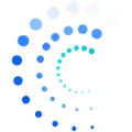 Blue and teal circular dots forming a spiral pattern on a white background